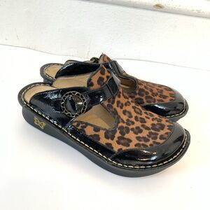 Alegria Womens 37 Shoes Black Patent Leather Mary Jane Slip-On Leopard ALG-807